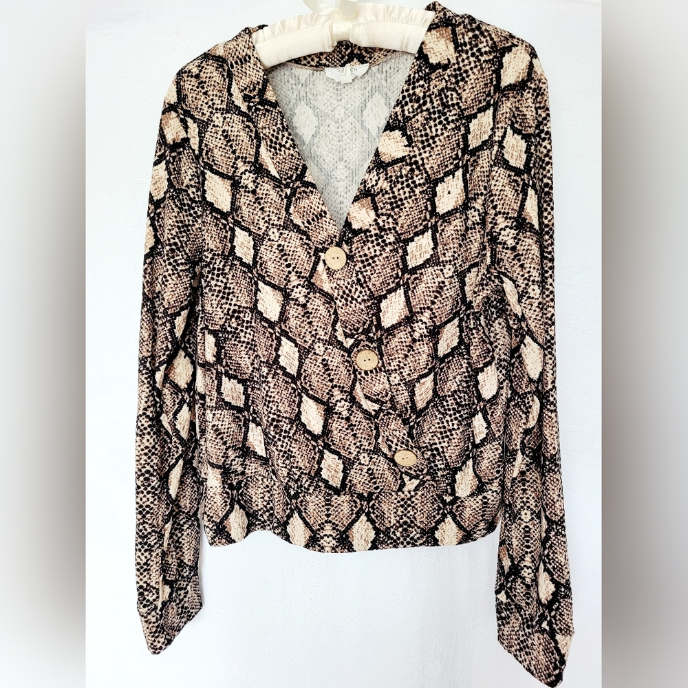 Stitch&Knot Women's Snakeskin Blouse Long Sleeve V-Neck Buttons Decor Medium